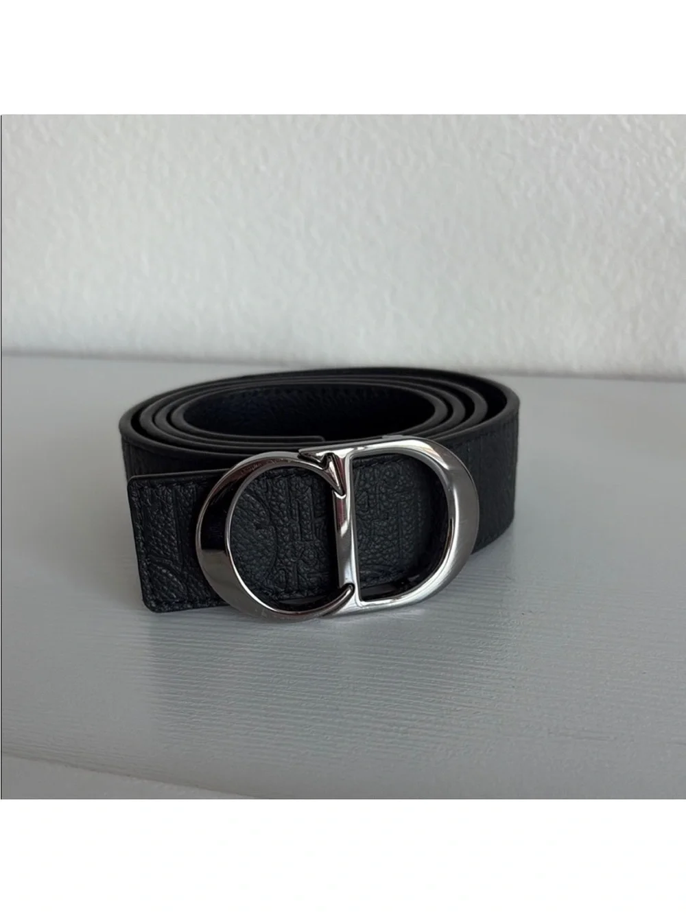 Christian Dior Black Leather Belt with Chrome CD Buckle 36”